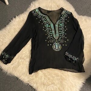 VENUS Sheer 100% Silk Black Blouse with A Bohemian Vibe & sparkle